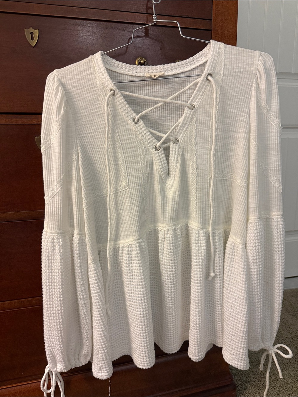 POL White Lace-Up Waffle Ribbed Knit Babydoll Top Small